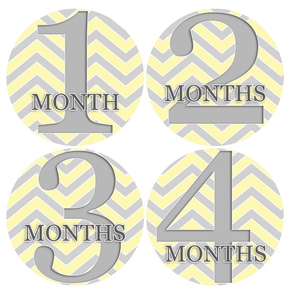 Bodysuit Romper Stickers - Baby monthly stickers 1 to 12 months - month to month stickers - Monthly Baby Stickers GREY WHITE Yellow CHEVRON
