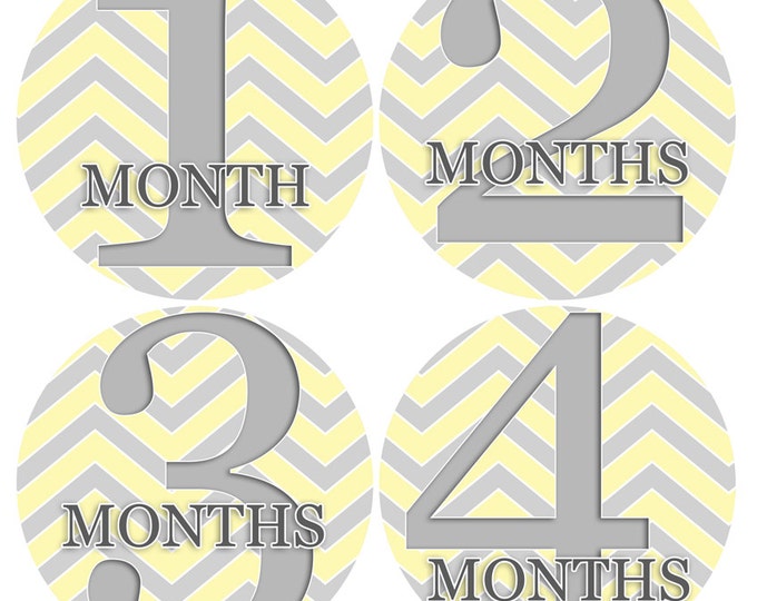 Bodysuit Romper Stickers - Baby monthly stickers 1 to 12 months - month to month stickers - Monthly Baby Stickers GREY WHITE Yellow CHEVRON