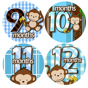 month to month baby stickers Baby monthly stickers 1 to 12 months Bodysuit Romper Stickers Monthly Baby Stickers BOY BANANA MONKEY image 3