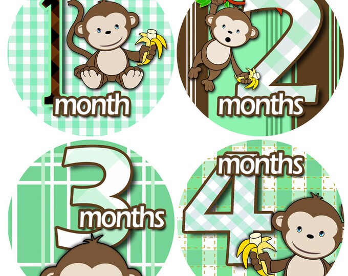 1 to 12 months Baby Monthly Stickers Bodysuit Romper Stickers - Month to Month Baby Stickers Monthly Baby Stickers - GREEN BANANA MONKEYS
