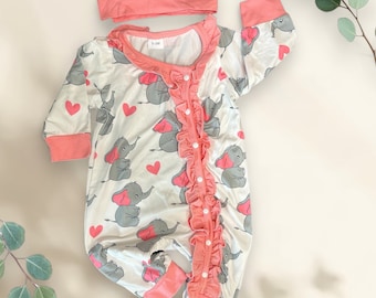 Newborn Baby Doll 20 inch Baby Clothes Ruffles Elephant Pink Gray Bodysuit Romper Pajamas One Piece Infant 0-3 Months With Headband PJ Set