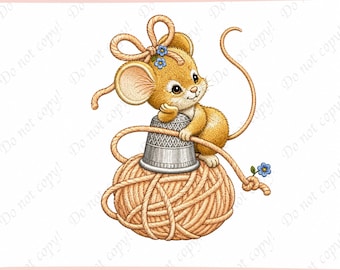 Sewing Mouse Embroidery Design, Cute Seamstress Mouse Machine Embroidery File, Mouse with Yarn Thimble, Sewing Lover Gift