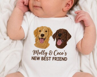Custom Embroidered Dog Portrait Baby Onesie, New Best Friend Embroidered Pet Portrait Onesie, Pet Sibling Outfit, Dog Newborn Onesie Gift
