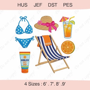 Puede incluir: Ilustraciones con temática de verano, que incluyen un bikini azul de lunares, un sombrero de paja con una cinta rosa, una tumbona con rayas azules y blancas, un vaso de zumo de naranja con una sombrilla de cóctel, una naranja en rodajas y un tubo de protector solar SPF 50. El texto "4 Sizes : 6', 7', 8', 9'."