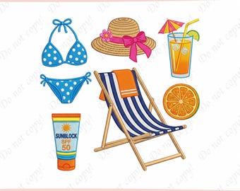 Italian Summer Club Embroidery Designs, Coastal Beach Icons Set (Digital File)