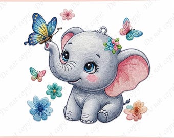 Cute Baby Elephant Embroidery Design, Butterfly Floral Elephant Embroidery File, Nursery Animal Embroidery Pattern, Baby Girl Embroidery