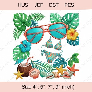 Disegno per ricamo estivo tropicale, file per ricamo vacanze al mare, ricamo bikini occhiali da sole foglie di palma, disegno per ricamo costiero