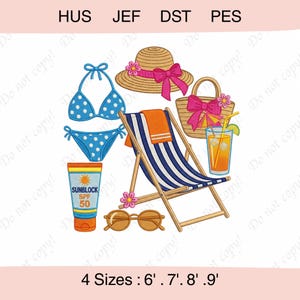 May include: An illustration featuring summer essentials: a blue polka-dot bikini, a straw hat with a pink bow, a striped deckchair, sunglasses, a beach bag, sunscreen, and a cocktail. The image includes the text "SUNBLOCK SPF 50".
