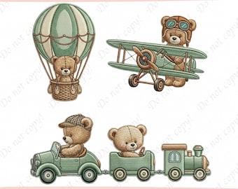Cute Teddy Bear Embroidery Bundle, Bear Airplane & Hot Air Balloon Embroidery Design, Teddy Bear Train Embroidery, Baby Boy Embroidery