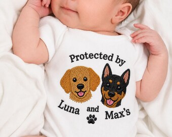 Custom Embroidered Dog Portrait Baby Onesie, Pet Portrait Baby Outfit, Protected By Dog Bodysuit, Pet Sibling Outfit, Newborn Onesie Gift