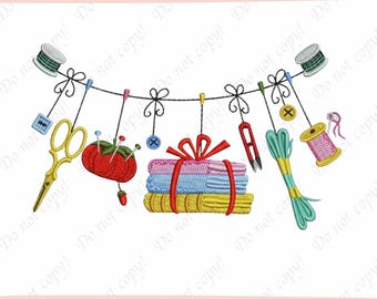 Sewing Tools Embroidery Design, Quilting Supplies Machine Embroidery File, Scissors Thread Spool Sewing Notions Pattern, Craft Room Decor