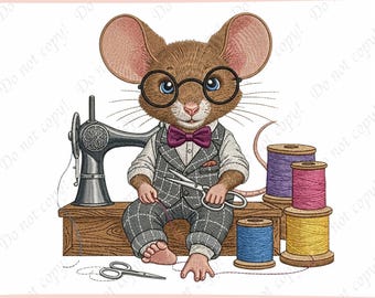 Sewing Mouse Embroidery Design, Mouse with Sewing Machine, Scissors, Thread, Pins, Seamstress Quilting Machine File, Sewing Lover Gift