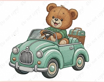 Cute Teddy Bear Embroidery Bundle, Bear Driving Car Embroidery Design, Teddy Bear Machine Embroidery File, Baby Boy Embroidery Pattern