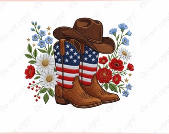 Patriotic Cowboy Boots Embroidery Design, USA Flag Western Boots Machine Embroidery File, Cowboy Hat Floral 4th of July Stitch Pattern