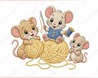 Cute Sewing Mice Embroidery Design, Mouse Family with Yarn Machine Embroidery File, Knitting Sewing Lover Gift, Craft Lover Gift