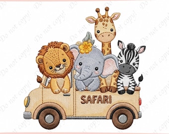 Safari Truck Embroidery Design, Baby Safari Animals Embroidery File, Lion Elephant Zebra Giraffe Nursery Machine Embroidery Pattern