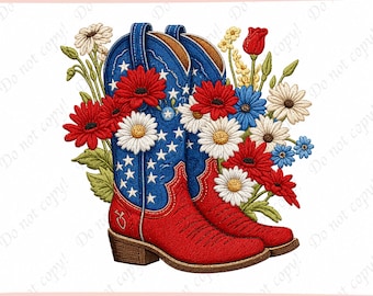 Patriotic Cowboy Boots Embroidery Design, USA Flag Western Boots Embroidery File, 4th of July Floral Boots
