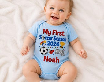 Custom Embroidered My First Soccer Baby Onesie, Personalized Soccer Season 2026 Baby Bodysuit, Sports Baby Outfit, Newborn Soccer Gift