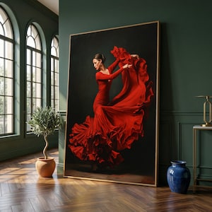 Canvastavla med passionerad flamencodansare, väggkonst med röd volangklänning, elegant dansställning, dramatisk heminredning