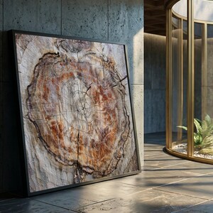 Rustieke boomringen canvas muurkunst, natuurlijke houten dwarsdoorsnede, aardetinten woondecoratie, organische natuurprint, hangend kunstwerk