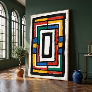 Quadro astratto geometrico audace su tela, decorazione murale con motivo rettangolare colorato, arredamento moderno per la casa, quadro con forme vivaci.