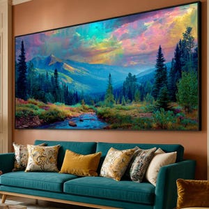 Levendig berglandschap op canvas, kleurrijke muurdecoratie met bosbeek, natuurscène met zonsondergang, schilderachtig wildernislandschap op canvas, print voor huisdecoratie