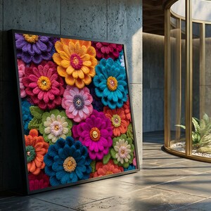 Puede incluir: Una obra de arte enmarcada con un diseño floral vibrante y texturizado. La pieza muestra una variedad de flores de ganchillo coloridas en tonos morado, naranja, rosa, azul y verde. Cada flor tiene un centro de botón.