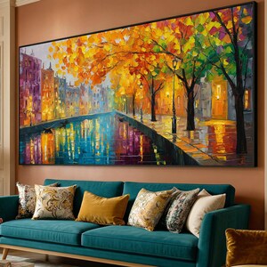 Escena colorida de canal otoñal, lienzo de paisaje urbano al atardecer, arte mural con reflejo de árboles vibrantes, lienzo de paisaje urbano, listo para colgar en la decoración del hogar.