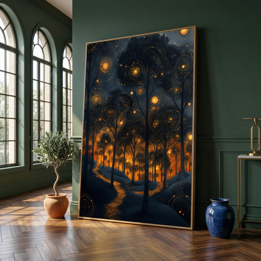 Enchanted Forest Night Glow, Magical Tree Canvas Art, Fiery Sky ...
