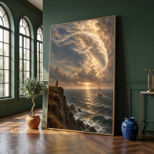 Peut inclure: Une grande impression d'art encadrée rectangulaire représentant une scène côtière avec une personne debout sur le bord d'une falaise surplombant un océan sombre. Un voilier est visible sur l'eau sous un ciel dramatique aux nuages dorés tourbillonnants.