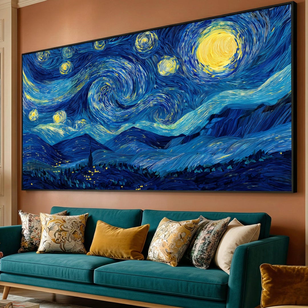 Starry Night Sky Canvas, Swirling Nightscape Wall Art, Vibrant Blue and ...