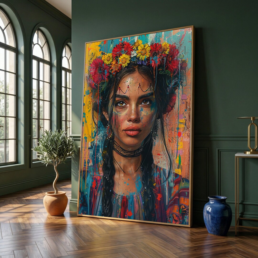 Vibrant Bohemian Woman Portrait Canvas, Floral Crown Wall Art, Colorful ...