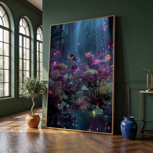 May include: A framed art print depicting a fantastical forest scene. The artwork features glowing, colorful flora in shades of pink, purple, and yellow, set against a dark, atmospheric background. The print is displayed in a room with a green wall and a wooden floor.