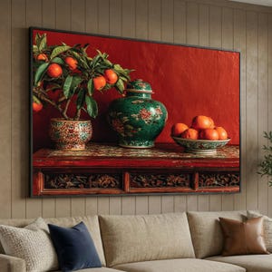 Vintage Citrus Still Life Canvas, Ornate Asian Vase Wall Art, Mandarin Orange Decor, Traditional Pottery Canvas, Red Accent Home Decoration
