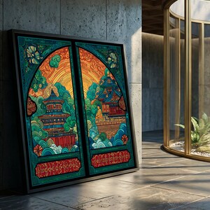 Cuadro decorativo de templo asiático, escena de meditación de Buda, pintura de arquitectura oriental, decoración espiritual para el hogar, paisaje tranquilo en lienzo.