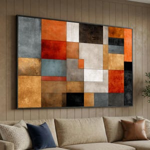 Modern Geometric Abstract Canvas Wall Art, Colorful Patchwork Design, Contemporary Home Decor, Orange and Neutral Tones Artwork