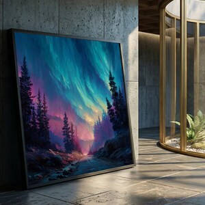 Enchanting Northern Lights Canvas, Night Sky Aurora Wall Art, Forest Landscape Decoration, Mystical Nature Scene Canvas, Home Wall Art Ready