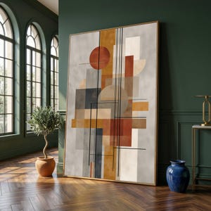 Tela com formas geométricas modernas, arte abstrata para parede, tela em tons terrosos, estilo meados do século XX, decoração contemporânea para casa.