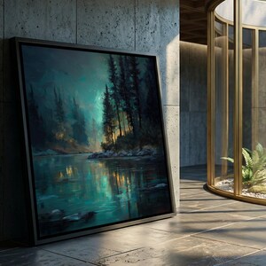 Tranquil Forest Night Canvas, Pine Tree Reflection Art, Mystical Lake Scene, Nature Landscape Canvas, Ambient Wall Decor