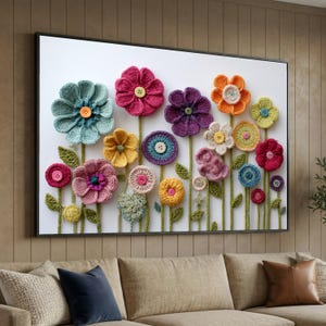 Cuadro decorativo de pared con coloridas flores de ganchillo, diseño floral hecho a mano, flores con centro de botón, lienzo vibrante con motivos de jardín, decoración de pared para el hogar.