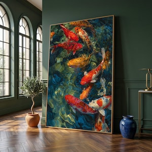 Quadro con vivace laghetto di carpe koi, decorazione murale acquatica colorata, scena naturale con acqua, arredamento per giardino zen, illustrazione di pesci tranquilli