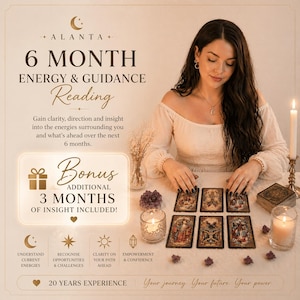 May include: An advertisement for a 6-month energy and guidance reading. The image shows a woman, tarot cards, candles, and the text "Bonus additional 3 months of insight included!" The text also includes "20 years experience."