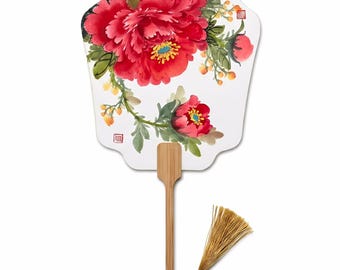 Handmålad pionsilkesfläkt i palats - bambuhandtag - orientaliskt bröllopstillbehör