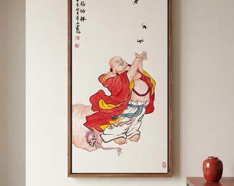 Hand-Painted Gongbi Laughing Buddha Painting | Zen Wall Art, Blessings Auspiciousness