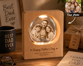 Custom Family Photo Crystal Night Light, Personalized Wooden LED Lamp, 3D Engraved Glass Gift for Family, Birthday, Christmas, Home Decor