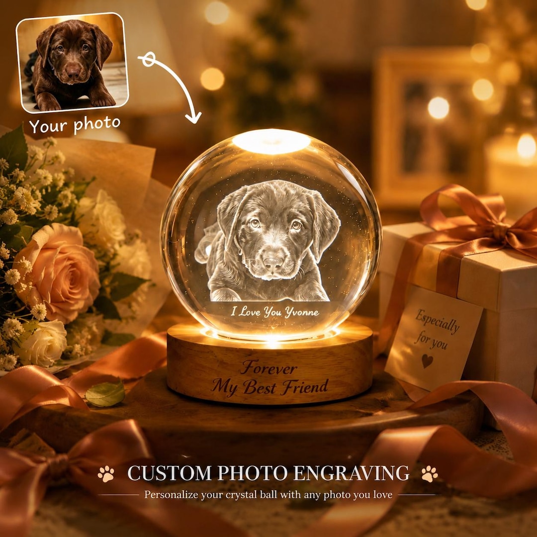Personalized 3D Crystal Ball, Custom Pet Portrait, Engraved Glass Sphere, Dog Lover Gift, Memorial Keepsake, Name Engraving