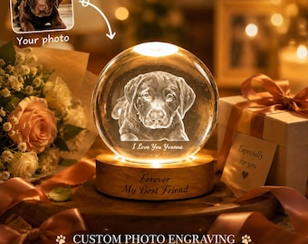 Personalized 3D Crystal Ball, Custom Pet Portrait, Engraved Glass Sphere, Dog Lover Gift, Memorial Keepsake, Name Engraving