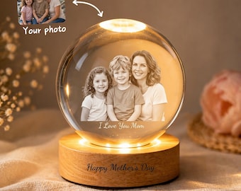 Personalized Mother’s Day Photo Snow Globe, Custom Family Picture in Lighted Glass Ornament, Unique Gift for Mom