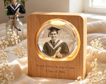 Personalized Crystal Photo Night Lamp, Engraved Glass Memory Light, Wooden Base