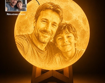Personalized Father's Day Moon Lamp, Custom 3D Night Light with Photo, Unique Dad Gift, 3D Printed Lunar Lamp, Wooden Stand